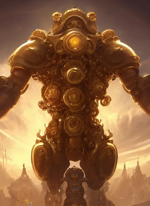 Image similar to a highly detailed illustration of gentle colossal golden mechanical giant, with cute doting eyes, intricate, elegant, highly detailed, centered, digital painting, artstation, concept art, smooth, sharp focus, league of legends concept art, wlop.