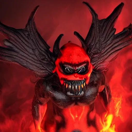Image similar to black demon with evil face red eyes red mouth, wings, 8 k, high quality, highly realistic photo realistic