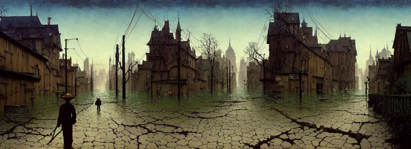 Image similar to flooded old wooden empty cursed city street, very coherent and colorful high contrast masterpiece by norman rockwell rene magritte simon stalenhag carl spitzweg jim burns, full - length view, dark shadows, sunny day, hard lighting, reference sheet white background