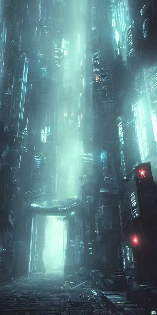 Image similar to mysterious stronghold entrance, cyberpunk, blade runner, artstation contest winner. cinematic paint