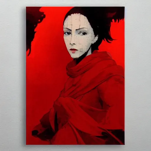 Prompt: portrait of a daydreaming melancholic latin woman in red monk habit being progressively rasterized into pixels from another world, she is surrounded by digital birds, oil on canvas game poster by yoji shinkawa, esao andrews, dave mckean and stina persson