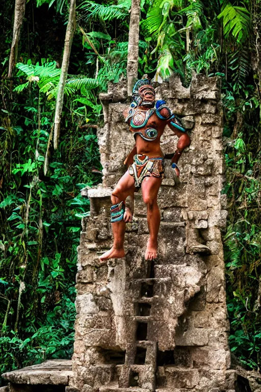 Prompt: mid distance photo of mayan jaguar warrior standing on the diving board in las pozas, 3 5 mm, highly detailed, color photo, cinematic lighting
