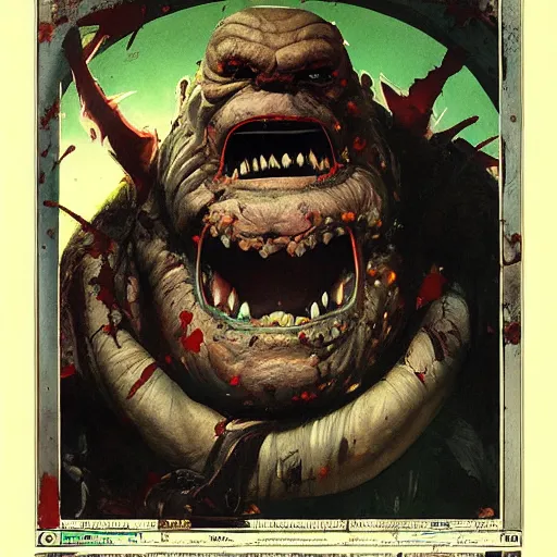 Image similar to grinning grimpunk vile reprobate portrait portrait Cyclops Cyclops Cyclops Polyphemus shrek with tombow norman rockwell greg rutkowski frank frazetta alexandre briclot Dave Dorman splatterpaint