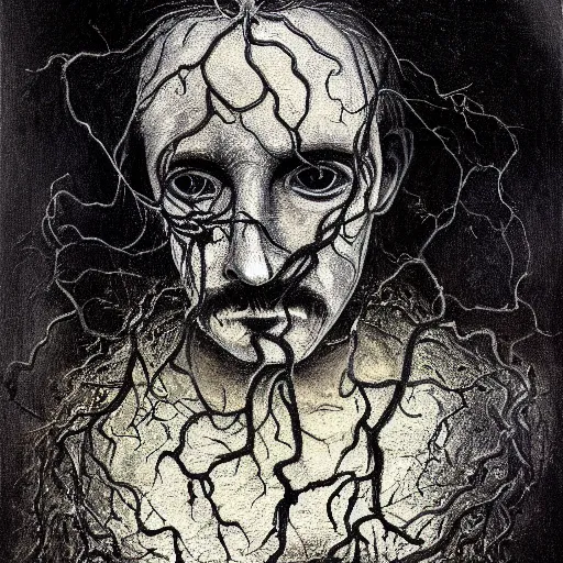 Image similar to award - winning painting of a edgar alan poe, infested with pitch black, tar - like, shadow roots with lots of tendrils on the skin, black veins, intricate detail, deep black roots, infestation, shadowy, lovecraftian, beksinksi, black and white, chiaroscuro, full body shot