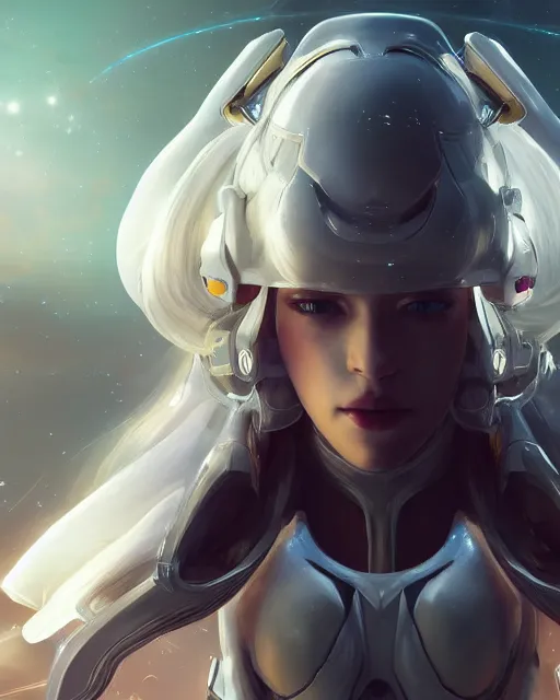 Image similar to perfect android girl on a mothership, warframe armor, beautiful face, scifi, futuristic, galaxy, nebula, raytracing, dreamy, long white hair, blue cyborg eyes, sharp focus, cinematic lighting, highly detailed, artstation, divine, by gauthier leblanc, kazuya takahashi, huifeng huang