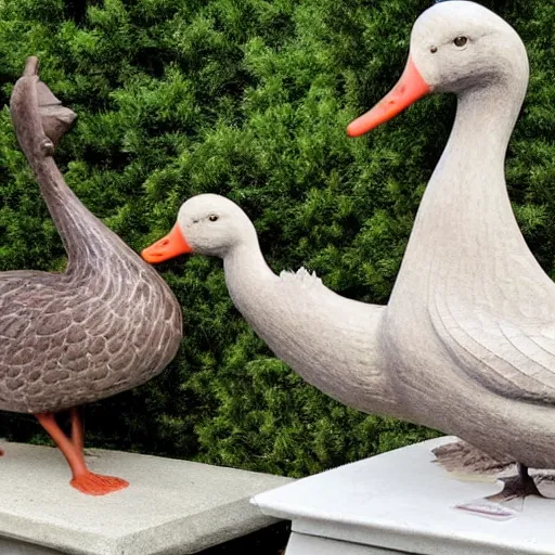 Image similar to a goose attacking a goose statue