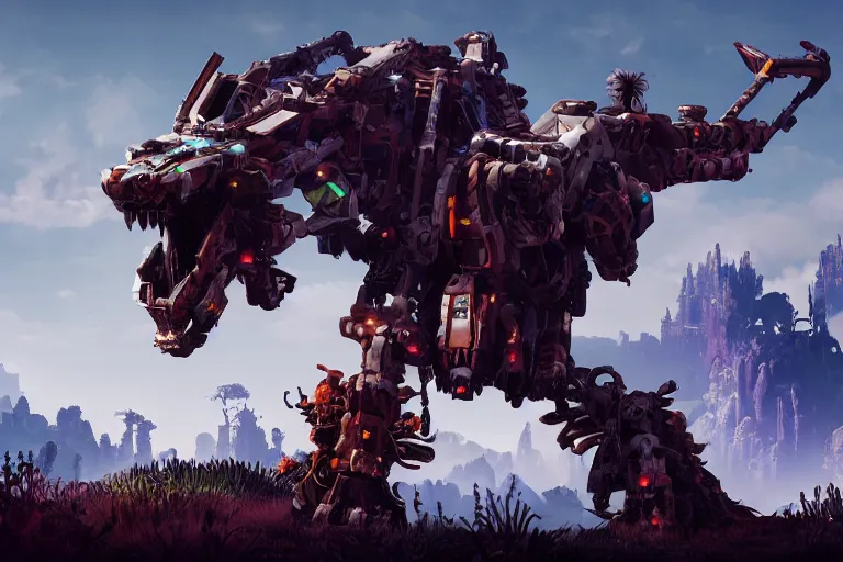 Image similar to behemoth machine mecha animal beast robot of horizon forbidden west horizon zero dawn bioluminiscence global illumination ray tracing hdr fanart arstation by sung choi and eric pfeiffer and gabriel garza and casper konefal