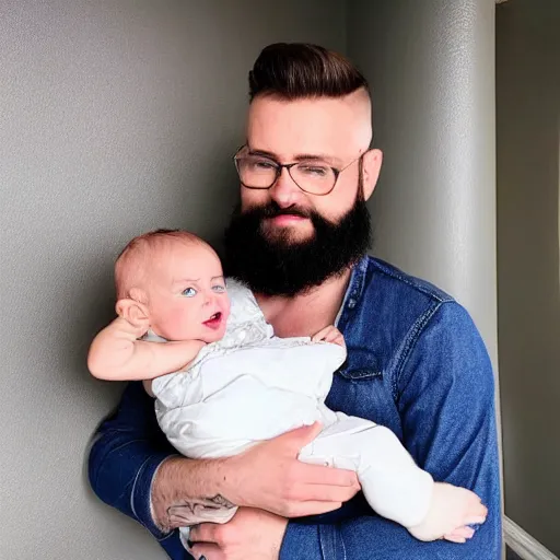 Image similar to a photo of a white man with a mid fade haircut and level 1 clipper beard that is happy with his 3 month year old baby boy.