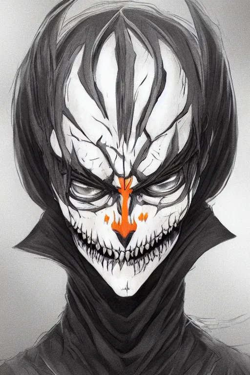 Prompt: mid shot of mix between jack lantern and Grim Reaper, short hair, made by Yusuke Murata, Tomohiro Shimoguchi, Takeshi Obata, Tite Kubo, ArtStation, CGSociety, direct gaze, beautiful face, perfect composition body, symmetrical face,symmetrical eyes, pencil art on paper, unreal-engine