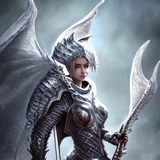 Prompt: highly detailed realistic stunning shot of a beautiful elegant anthropomorphic female dragon knight, resting a detailed and engraved longsword over her armored shoulder, cloak flittering in the wind, high quality, HD octane render, epic cinematography, Artstation, Deviantart, Furaffinity