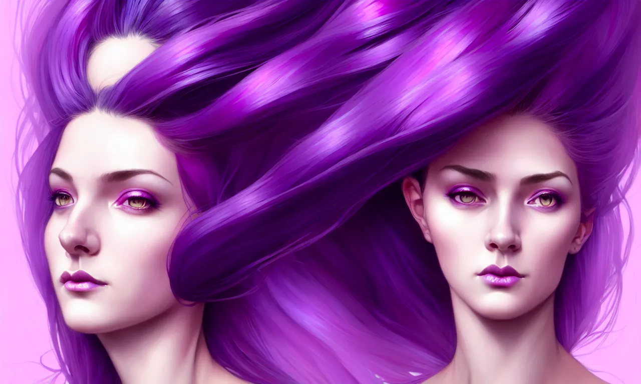 Image similar to Purple hair relistic Portrait of a woman with bright colored flying hair, all shades of purple. Beauty face, Hair coloring, fantasy, intricate, elegant, highly detailed, digital painting, artstation, concept art, smooth, sharp focus, illustration, art by artgerm and greg rutkowski and alphonse mucha