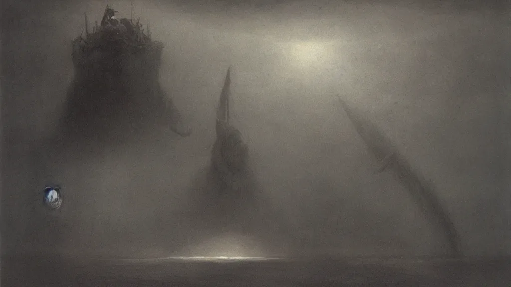 Prompt: environment under the ocean, a huge monster of the deep emerges out of the darkness of the deep ocean waters to attack a small submarine, Beksiński, horror, eerie lighting, god rays