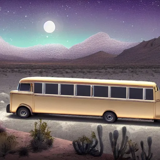 Prompt: silver school bus in the desert parked by a hot spring, sage brush, moonlit, ultra detailed, 8 k, trending on artstation, award - winning art,