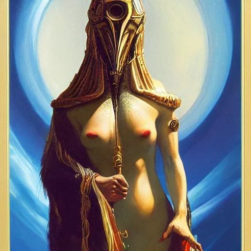 Image similar to seductive, clothed science fiction mutant byzantine priestess with long neck and geometric headdress and mask, by boris vallejo, deak ferrand, and greg rutkowski