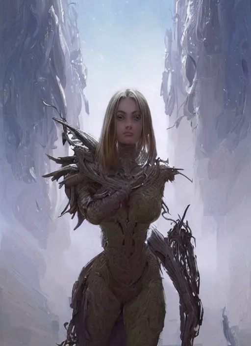 Image similar to a professional painting of a beautiful young female alien, clothed in ethereal armor, olive skin, long dark hair, beautiful bone structure, symmetrical facial features, intricate, elegant, digital painting, concept art, smooth, sharp focus, illustration, from Valerian and the City of a Thousand Planets, by Ruan Jia and Mandy Jurgens and Artgerm and William-Adolphe Bouguerea