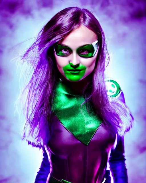 Image similar to photos of beautiful actress Ella Purnell dressed as the Green Lantern Soranik Natu, Photogenic, purple skin, short black pixie like hair, particle effects, photography, studio lighting, in the style of Annie Leibovitz