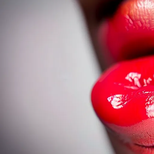 Prompt: Close-up photo of a bright red cherry lollipop on a woman's lips, tilted perspective, rule of thirds, depth of field, realistic, 8k 64 megapixel, dimly lit background