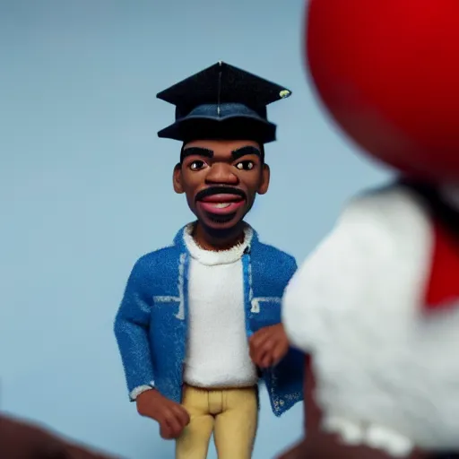 Image similar to a cinematic film still of a claymation stop motion film starring chance the rapper as a college student, shallow depth of field, 8 0 mm, f 1. 8