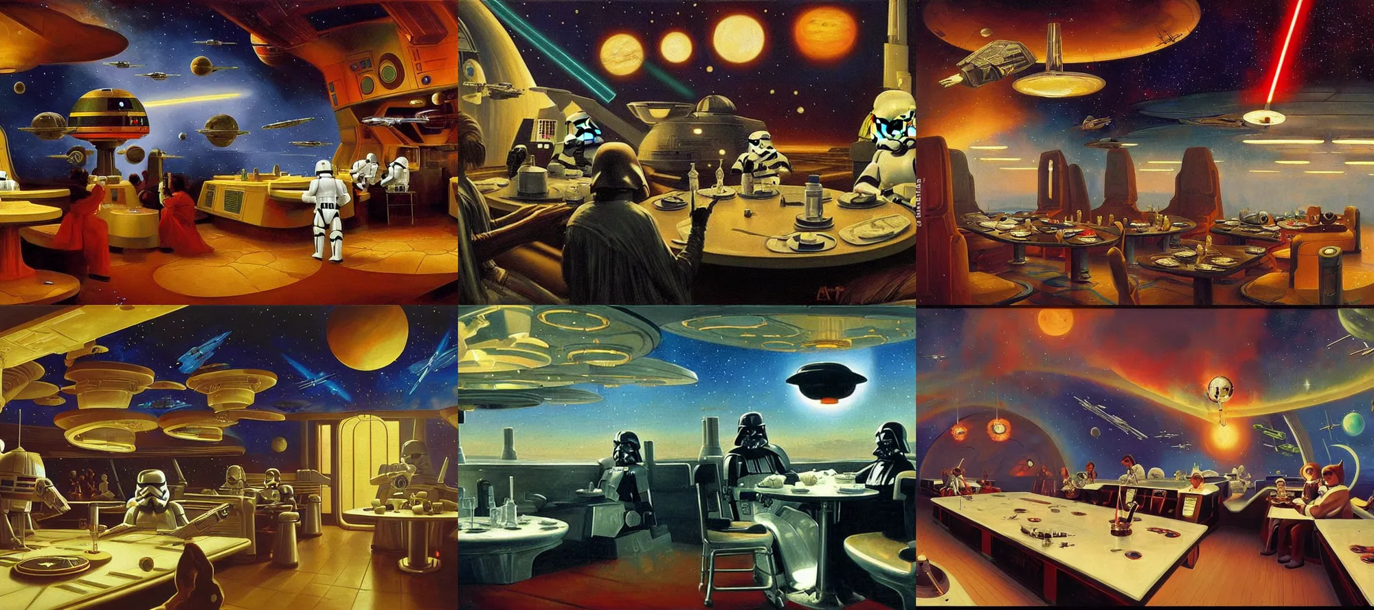 Prompt: star wars diner, space, cosmic, painting by albert bierstadt