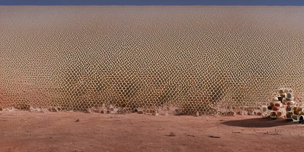 Image similar to real white honeycomb organic building with dripping honey by tomas gabzdil libertiny sitting on the arizona desert, film still from the movie directed by denis villeneuve arrival movie aesthetic with art direction by zdzisław beksinski, telephoto lens, shallow depth of field