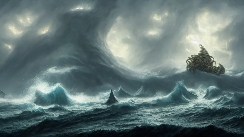 Prompt: a fantasy book landscape with massive big giant kraken in the background near a small manned boat in the front, a stormy sea, giant waves, lightning in the background, soft digital painting, highly detailed, artstation, sharp focus, illustration, concept art, ruan jia, oil painting, 4 k