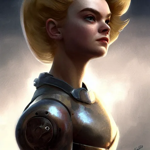 Prompt: head and shoulders portrait of modern darna, elle fanning in fallout 3, intricate, elegant, dark vibes, highly detailed, digital painting, artstation, glamor pose, concept art, smooth, sharp focus, illustration, art by wlop, mars ravelo and greg rutkowski