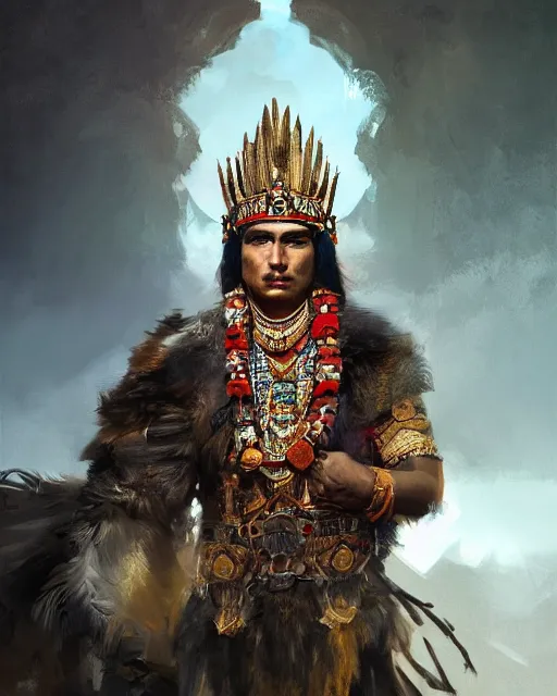 Prompt: Aztec king, handsome, portrait, intricate, elegant, feathers, volumetric lighting, scenery, digital painting, highly detailed, artstation, sharp focus, illustration, concept art, ruan jia, steve mccurry