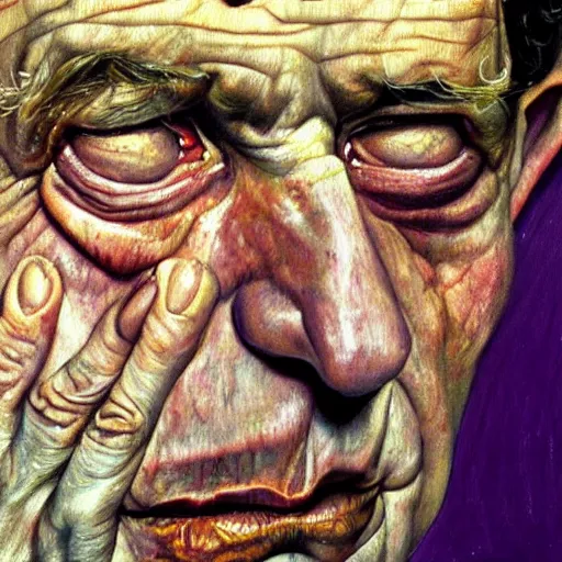 Image similar to high quality high detail painting by lucian freud, hd, old face with purple scars