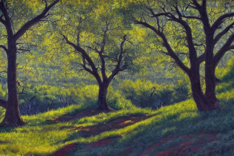 Image similar to masterpiece painting of oak trees on a hillside overlooking a creek, dramatic lighting, by peter ferguson