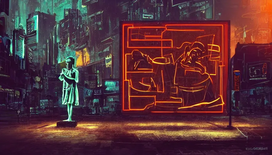 Image similar to a small weathered ancient greek sculpture standing in a square, surrounded by cyberpunk city, neon sign, bladerunner, digital illustration, artstation, cinematic composition