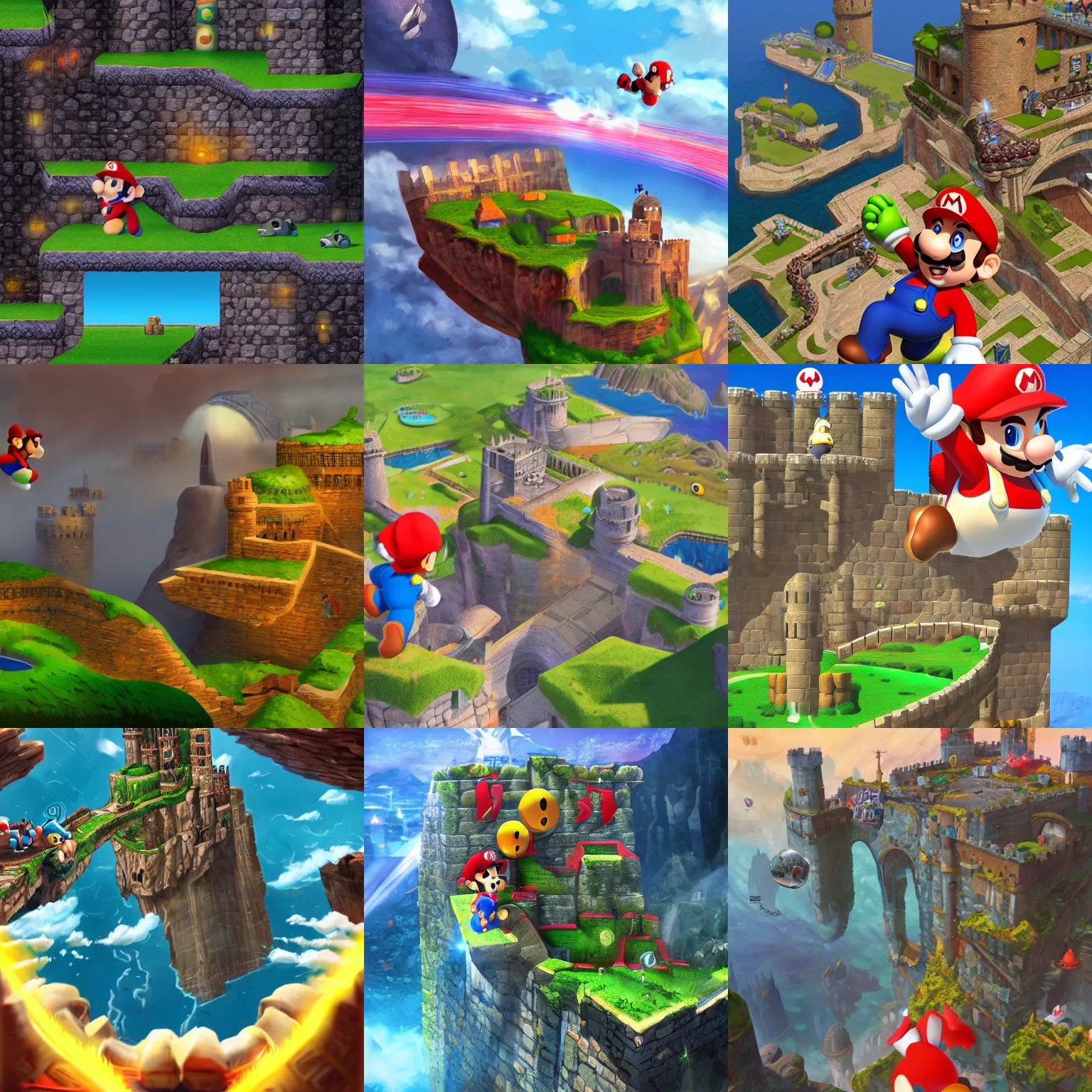 Prompt: Super Mario looking out over a cliff side at a ginormous castle, Super Mario strikers art style, high shadow art, artstation, modern