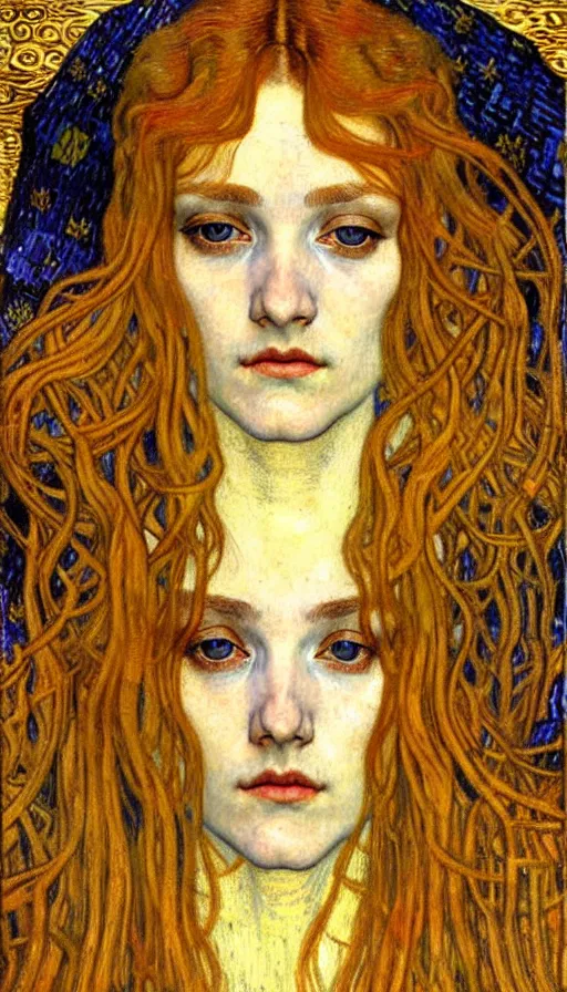 Image similar to detailed realistic beautiful young medieval queen face portrait by jean delville, gustav klimt and vincent van gogh, art nouveau, symbolist, visionary, gothic, pre - raphaelite, muted earthy colors, desaturated