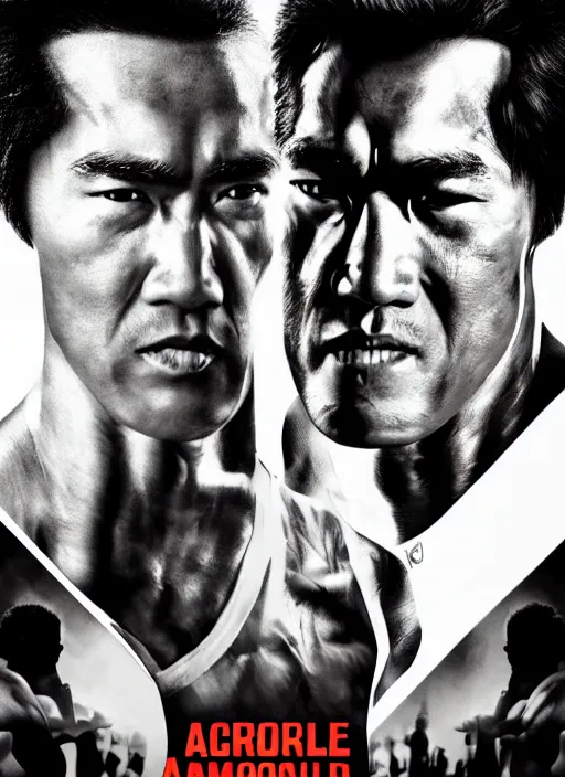 Image similar to Film poster, Arnold Schwarzenegger VS Bruce lee , faces look at each other, detailed and realistic, 4k, filmic render