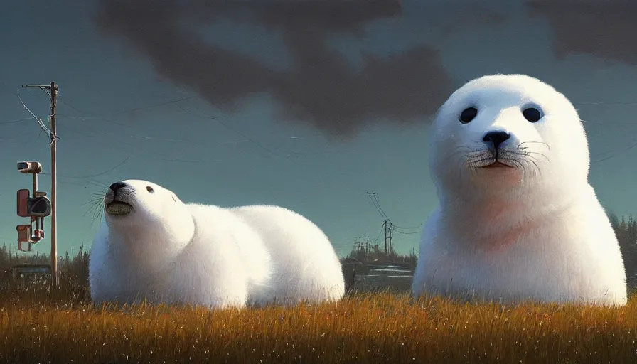 Image similar to an intricate oil painting of a giant cute white furry baby seal with by simon stalenhag