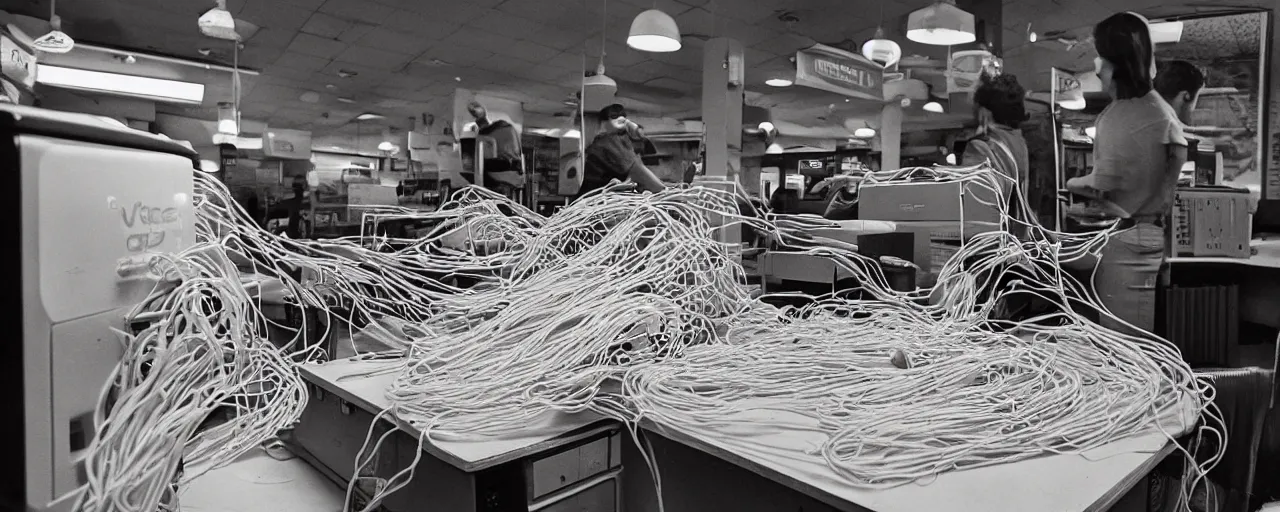Image similar to a computer made out of spaghetti, inside a blockbuster vieo, cinematic lighting, photography, retro, film, kodachrome