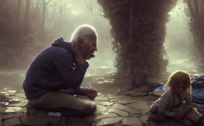 Prompt: highly detailed portrait of joe biden as a homeless, conversing with a child, stephen bliss, unreal engine, fantasy art by greg rutkowski, loish, rhads, ferdinand knab, makoto shinkai and lois van baarle, ilya kuvshinov, rossdraws, tom bagshaw, global illumination, radiant light, detailed and intricate environment