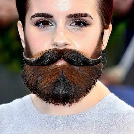 Image similar to emma watson with a full beard and mustache