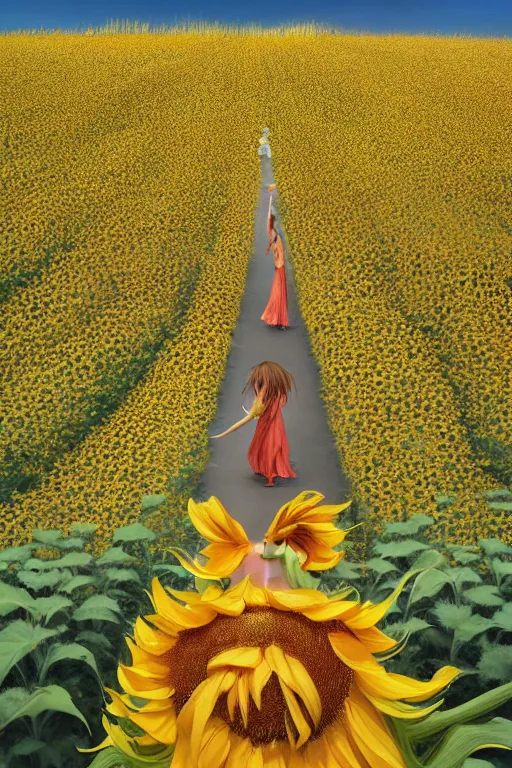 Prompt: a girl in really long dress slowly walking through amazing tall sunflower field, hair flowing, fanart, by concept artist gervasio canda, behance hd by jesper ejsing, by rhads kuvshinov, rossdraws global illumination radiating a glowing aura global illumination ray tracing hdr render in unreal engine 5, tri - x pan stock, by richard avedon