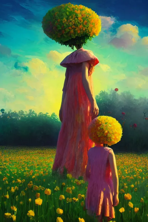 Image similar to giant flower head, girl walking in a flower field, surreal photography, sunrise, dramatic light, impressionist painting, colorful clouds, digital painting, artstation, simon stalenhag