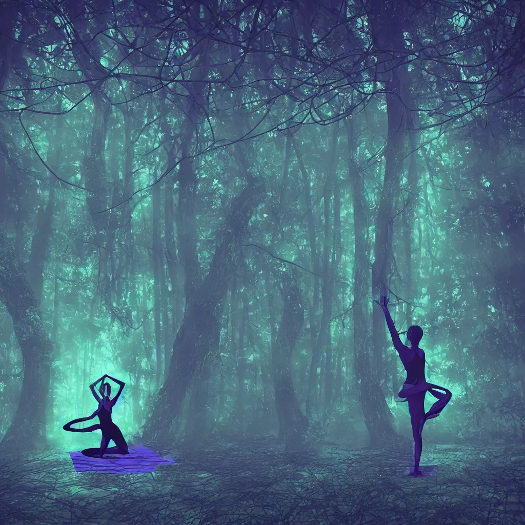 Prompt: dragonfly - human doing yoga in dark forest with neon lights passing between tree stems and fog. fantasy digital art