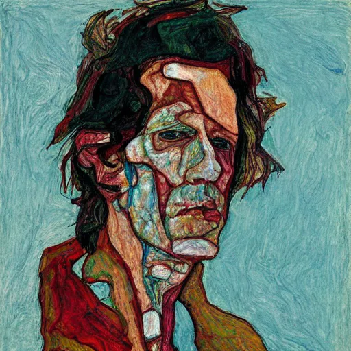 Image similar to portrait of keith richards by egon schiele in the style of greg rutkowski