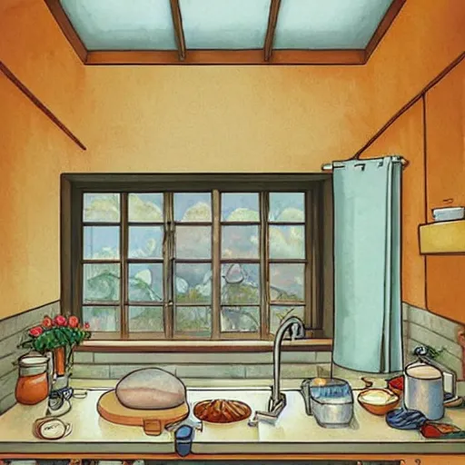 Prompt: a kitchen counter with a dough and a sourdough glass on it, Ghibli detailed art, beautiful