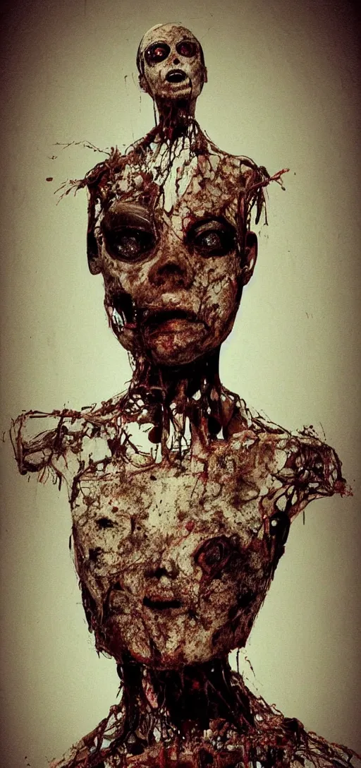 Prompt: old rotting mannequin staring at center of screen with wide bloodshot eyes, horror art, body horror, disturbing, intense, artstation, dramatic, scary, 4K, realistic,