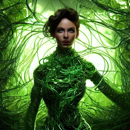 Prompt: a highly detailed digital image of a shattering futuristic woman elegantly tangled in green leafy vines, matte white background by Andrew Chiampo, artstation, and Frederik Heyman, extremely detailed woman, stunning volumetric lighting, hyper realism, fantasy 4k