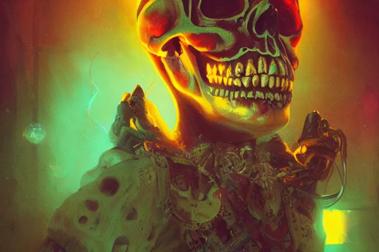Prompt: skull clown, illustrated by Simon Stålenhag and Gaston Bussiere, 35mm lens, beautiful macro close-up imagery, rule of third, vibrantly lush neon lighting, beautiful volumetric-lighting-style atmosphere, a futuristic rural atmosphere, intricate, ultra detailed, photorealistic imagery, trending on artstation, 4k, 8k