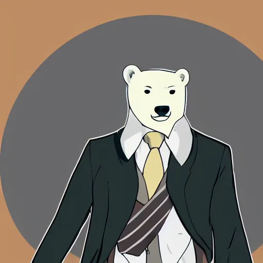 Prompt: anthro polar bear in a suit and tie, handsome, anime by studio trigger