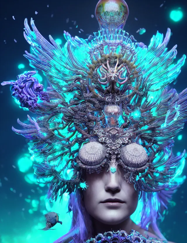 Image similar to render of goddess macro close - up portrait with crown made of phoenix ram skull. betta fish, jellyfish phoenix, bioluminiscent, plasma, ice, water, wind, creature, super intricate ornaments artwork by tooth wu and wlop and beeple and greg rutkowski