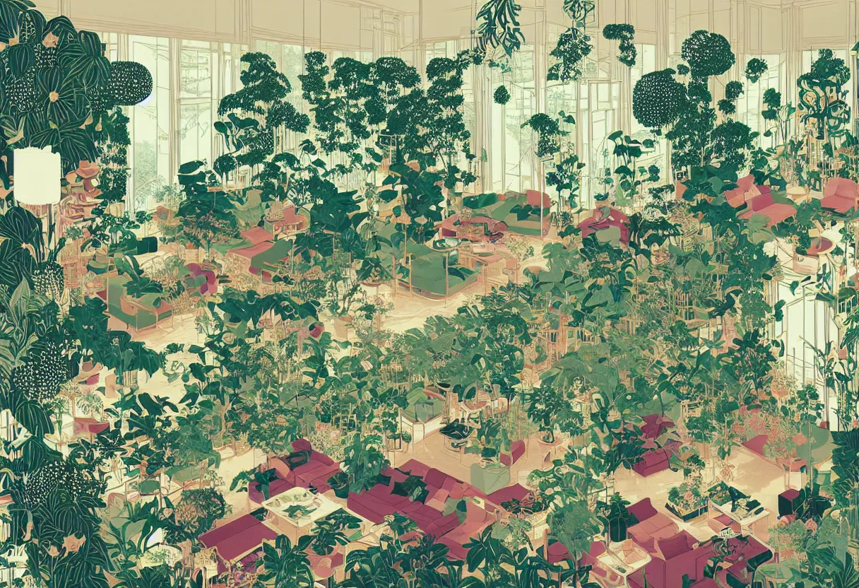 Image similar to luxury living room full of plants and trees by victo ngai