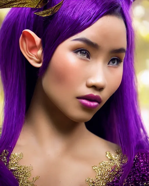 Image similar to a beautiful indonesian woman with a pixie like hairdo and elf ears wears a purple futuristic armored superhero costume, photorealistic