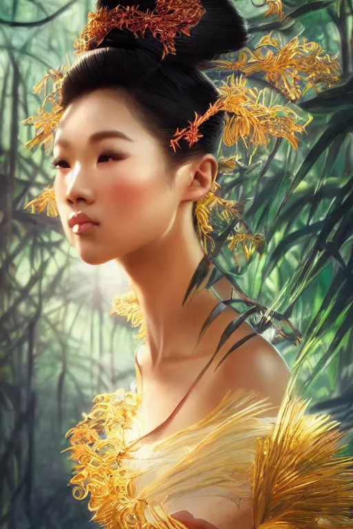 Image similar to stunningly beautiful, filipina geisha prima ballerina in jungle, symmetrical face, golden hour, smooth, focus, highly detailed, hyper realistic, dramatic lighting, elegant, intricate, concept art, art by wlop, mars ravelo, greg rutowski, artstation